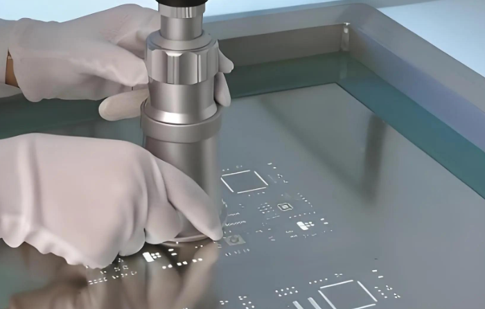 SMT stencil with apertures for solder paste printing on PCB.