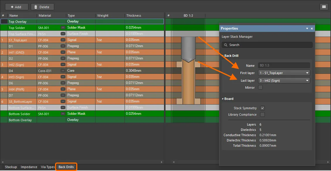 PCB design software highlighting vias for back drilling in high-speed layout