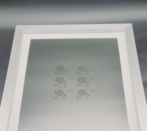Close-up of SMT stencil with precision apertures for solder paste application