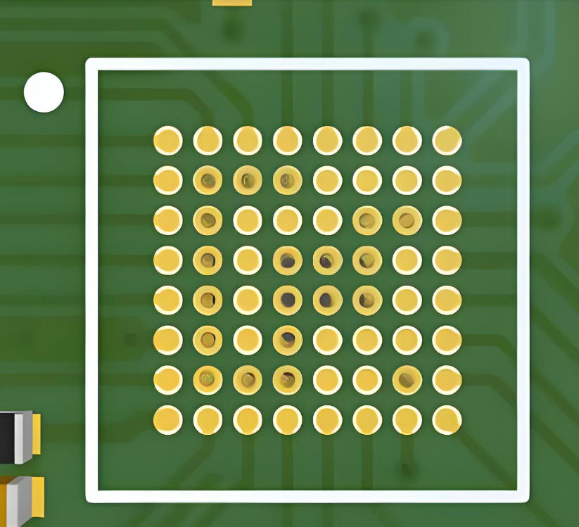 "Cross-section of PCB showing via drill size near SMT pads for solder joint reliability."