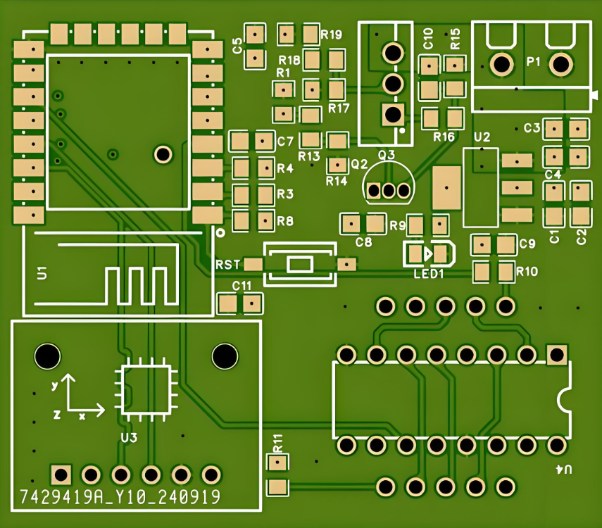 "PCB layout with SMT pads and vias following PCB pad design guidelines."