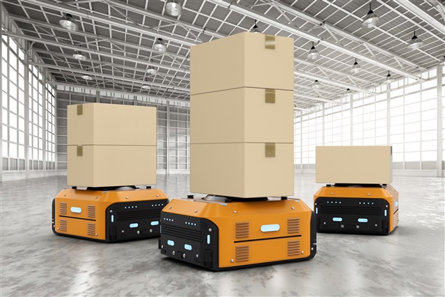 Warehouse robot using LiDAR sensor for autonomous navigation.