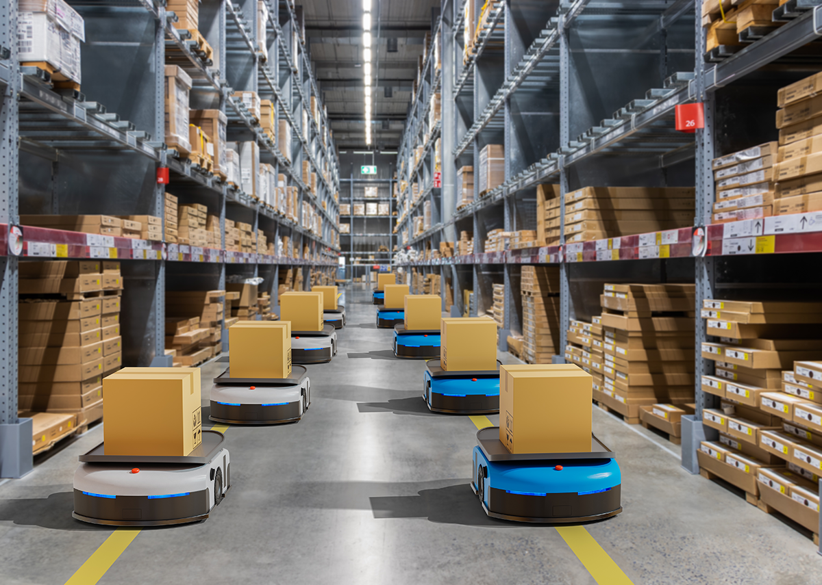 Warehouse robot autonomously navigating through aisles.