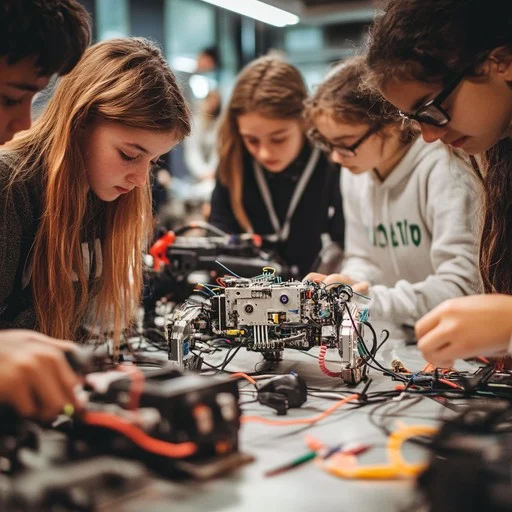 Diverse students collaborating on accessible electronics projects in a classroom
