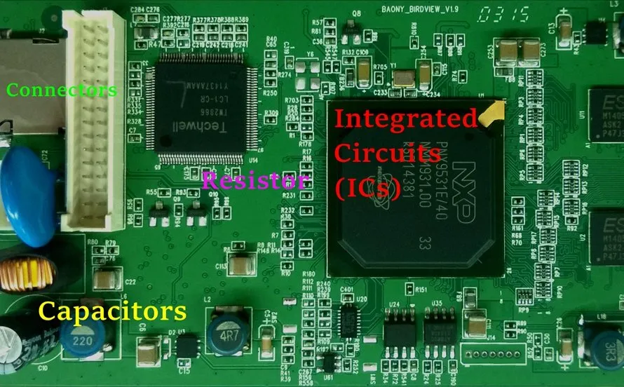 Simple educational PCB with labeled electronic components for STEM learning