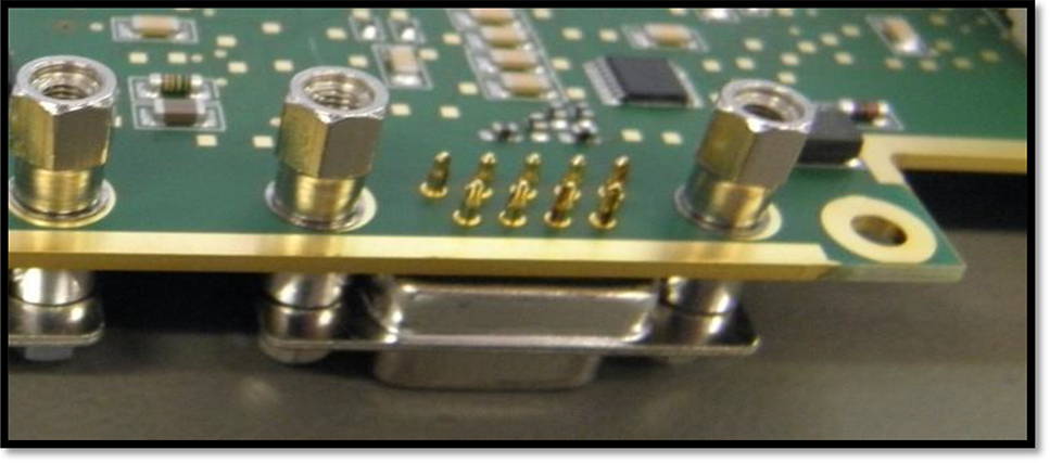 Close-up view of PCB edge plating for EMI shielding