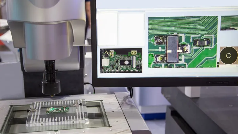 OI system inspecting a PCB for defects using high-resolution cameras.