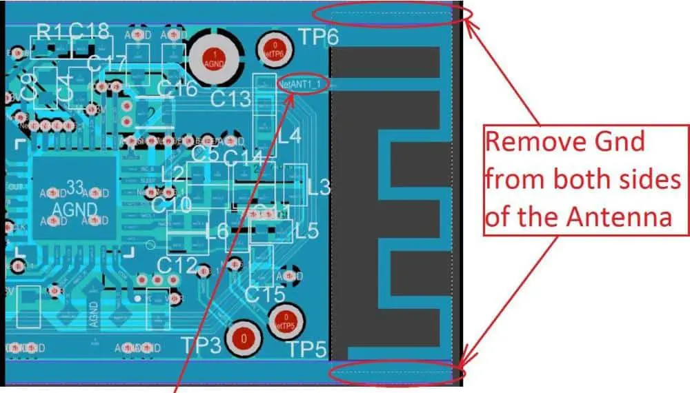 Diagram of antenna placement on PCB for wireless communication