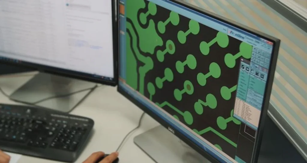 Finished 16-layer PCB highlighting DFM design features