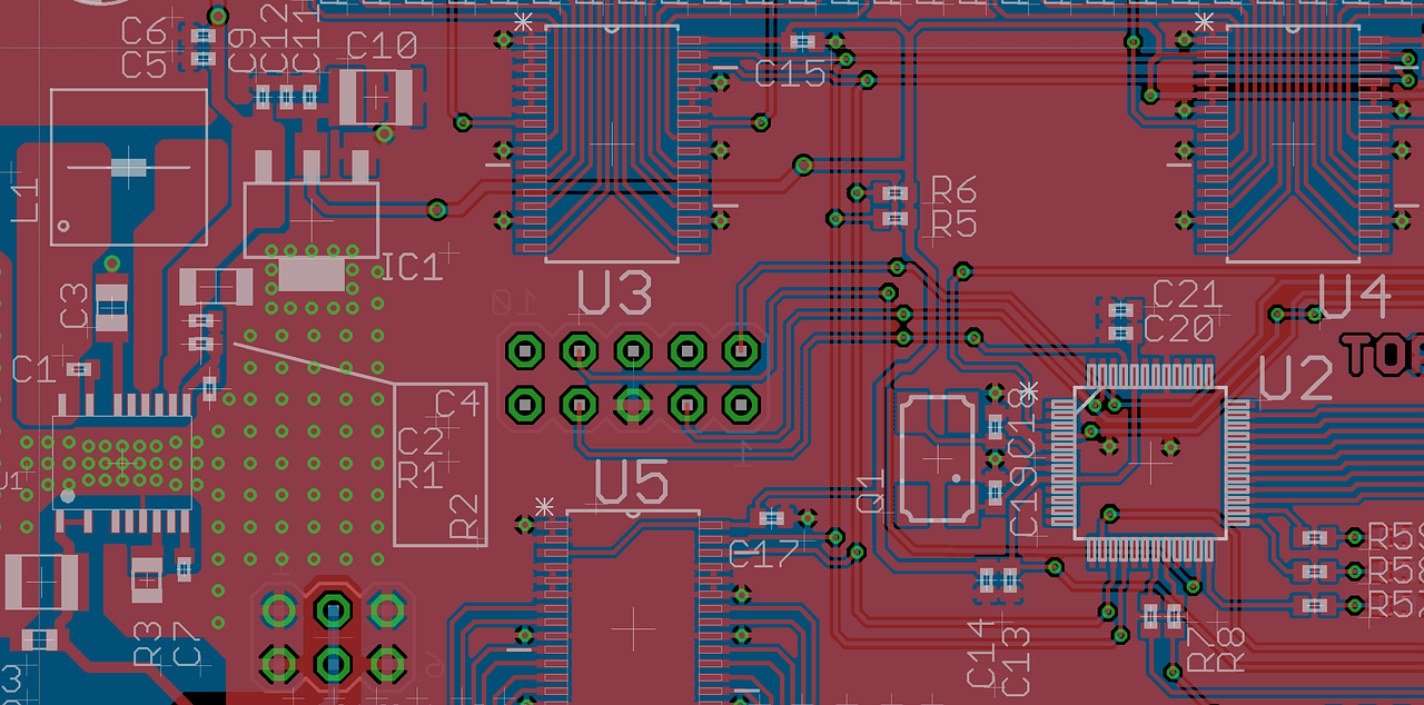 PCB layout with optimized trace spacing and decoupling capacitors for signal integrity