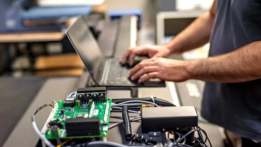 Updating firmware on a water treatment control PCB via laptop connection.