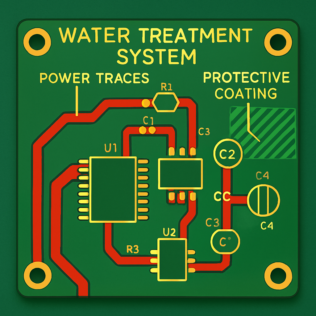 PCB layout for water treatment control with protective design features