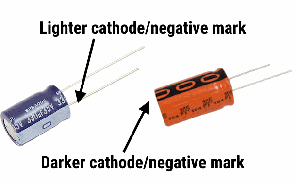 Electrolytic capacitor with polarity stripe and markings.