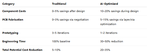 Traditional vs. AI-optimized PCB design workflow for cost reduction.