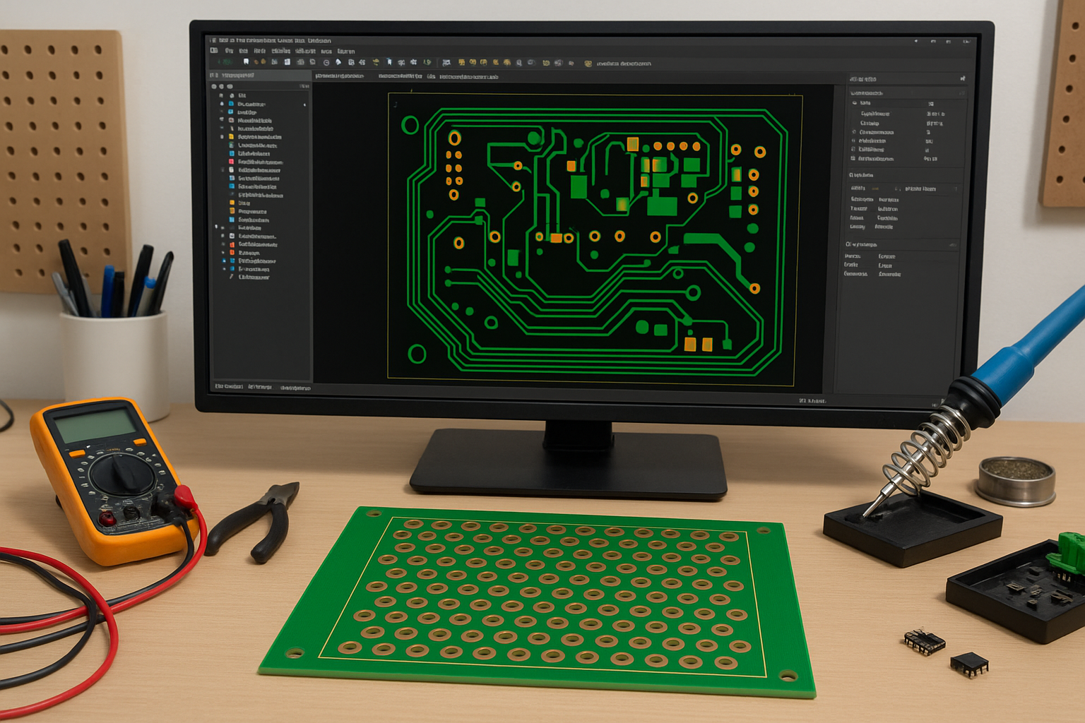 Hobbyist workspace with PCB design software and board for DIY thermal vias