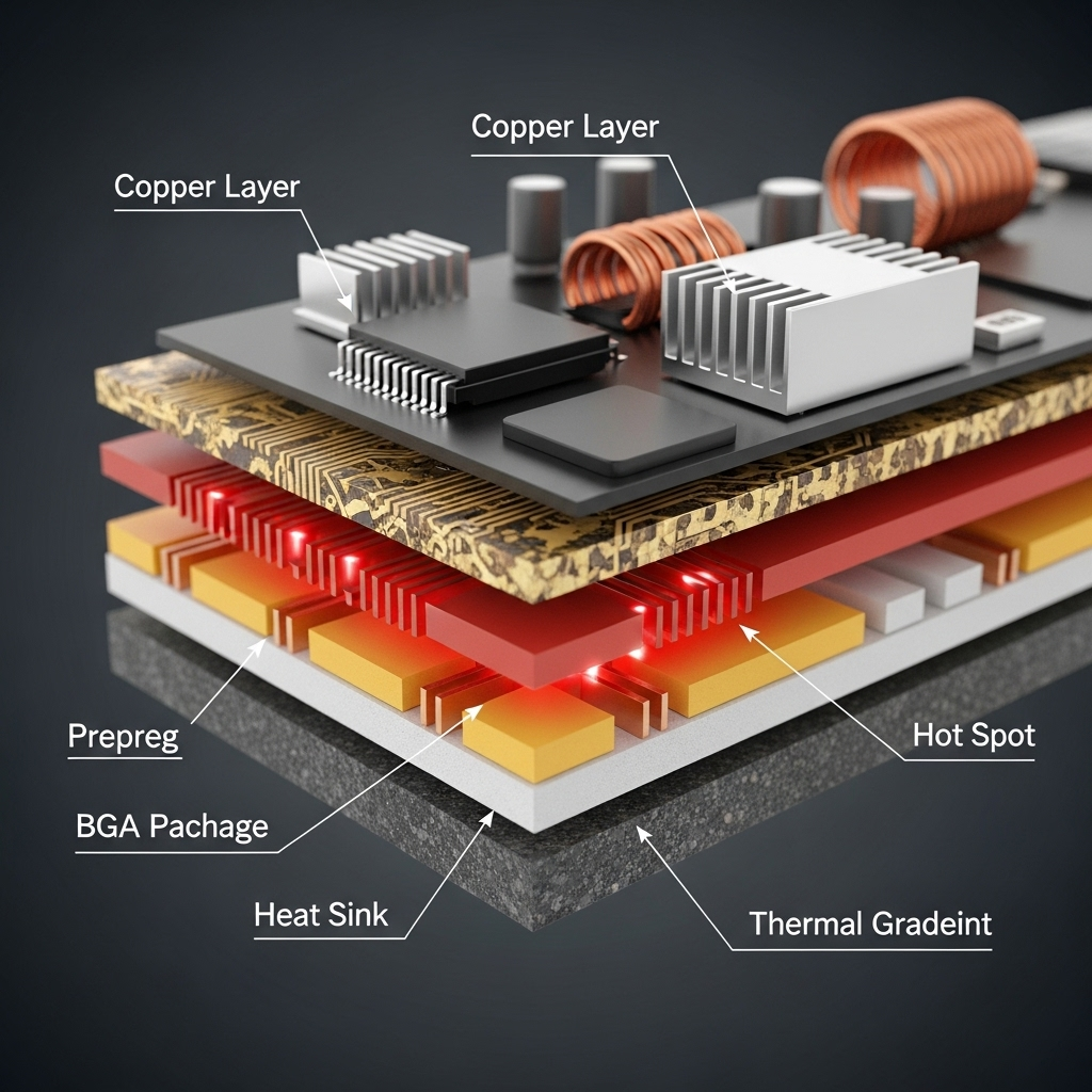 Cross-section of a 14-layer PCB highlighting thermal challenges