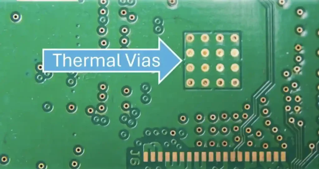 Cross-section of PCB with thermal vias for heat dissipation in hotel control designs.