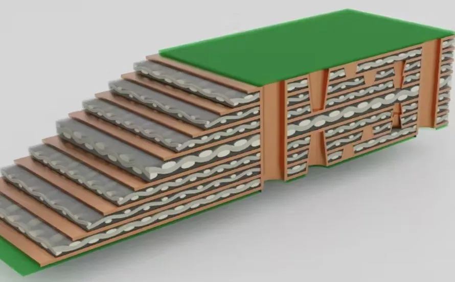 Cross-section of a 12-layer PCB stackup design for high-speed circuits.