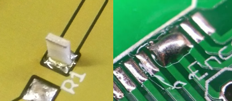 PCB with reflow soldering defects including tombstoning and solder bridging.