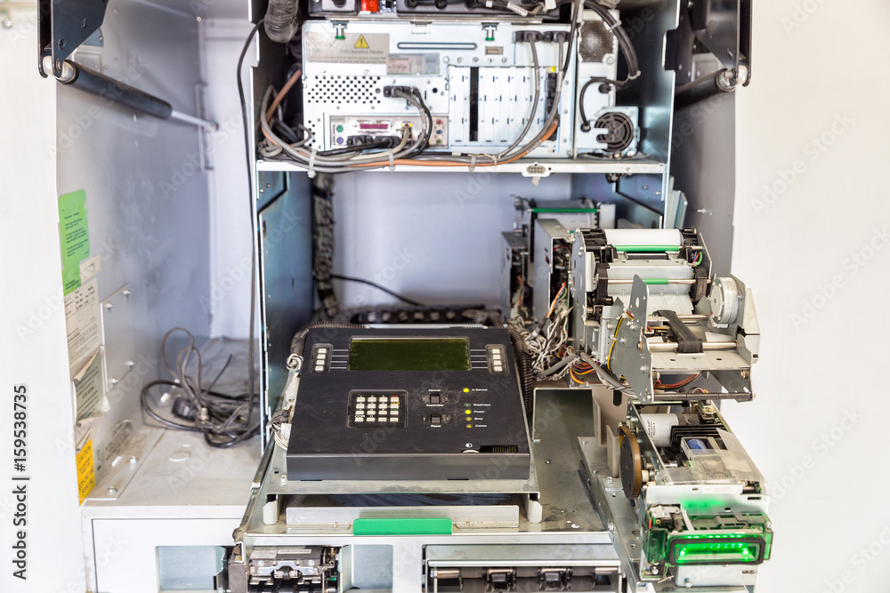 Internal view of ATM showing PCB components for troubleshooting