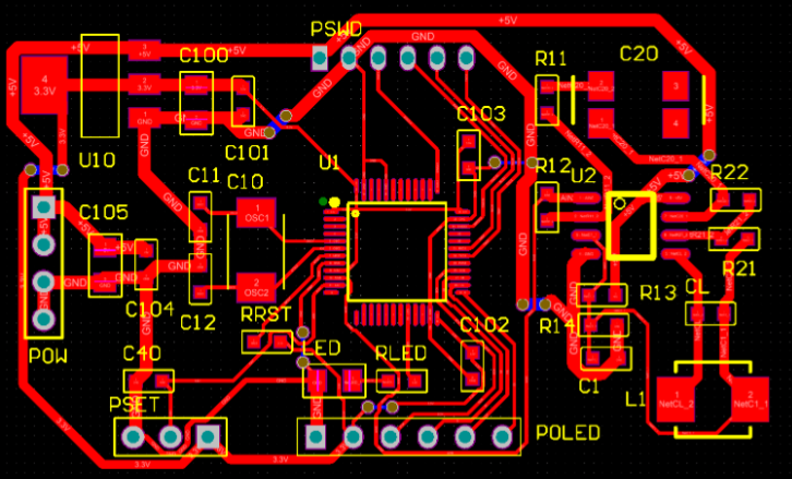 Diagram of PCB power plane with decoupling capacitors near IC for noise reduction.