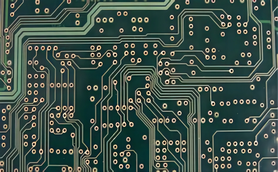 Close-up of microvia in a sequential build-up PCB for high-frequency design.