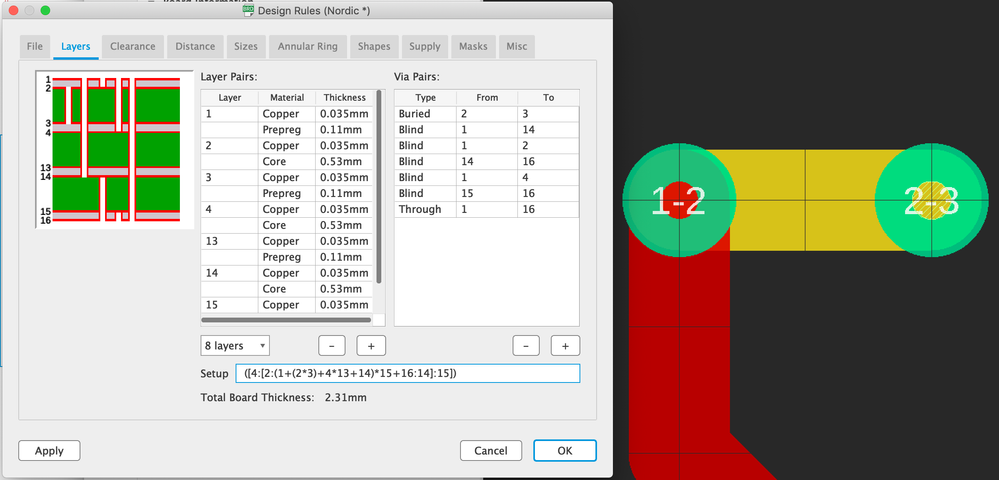 Eagle PCB software interface showing buried via placement.