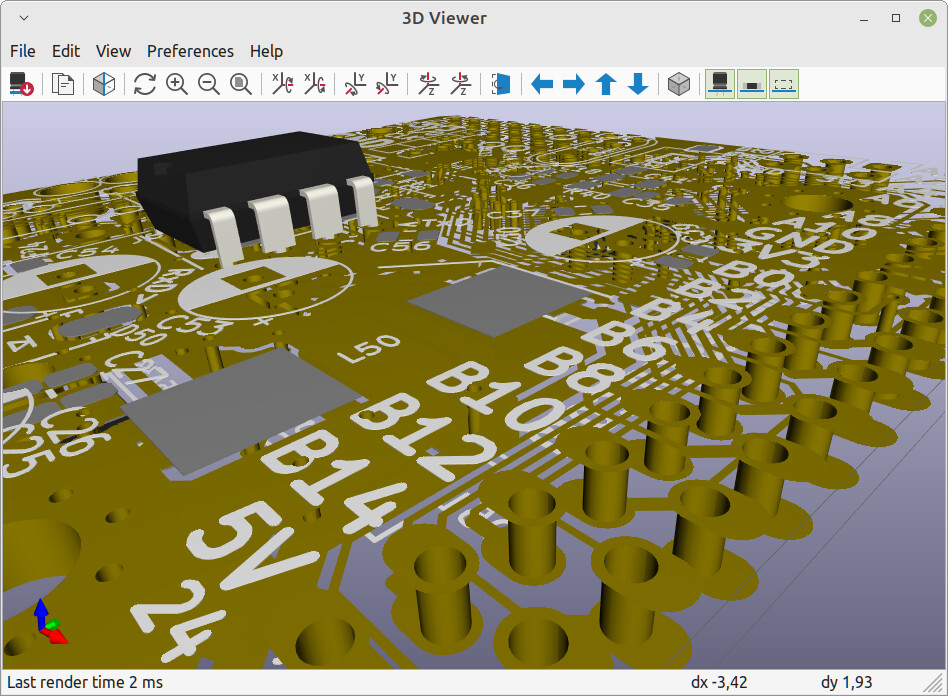 KiCad 3D viewer displaying buried via in multilayer PCB.
