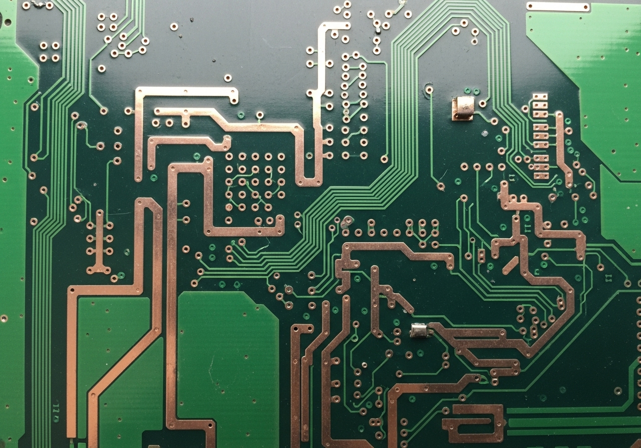 PCB with copper traces after etching in direct imaging procedure.