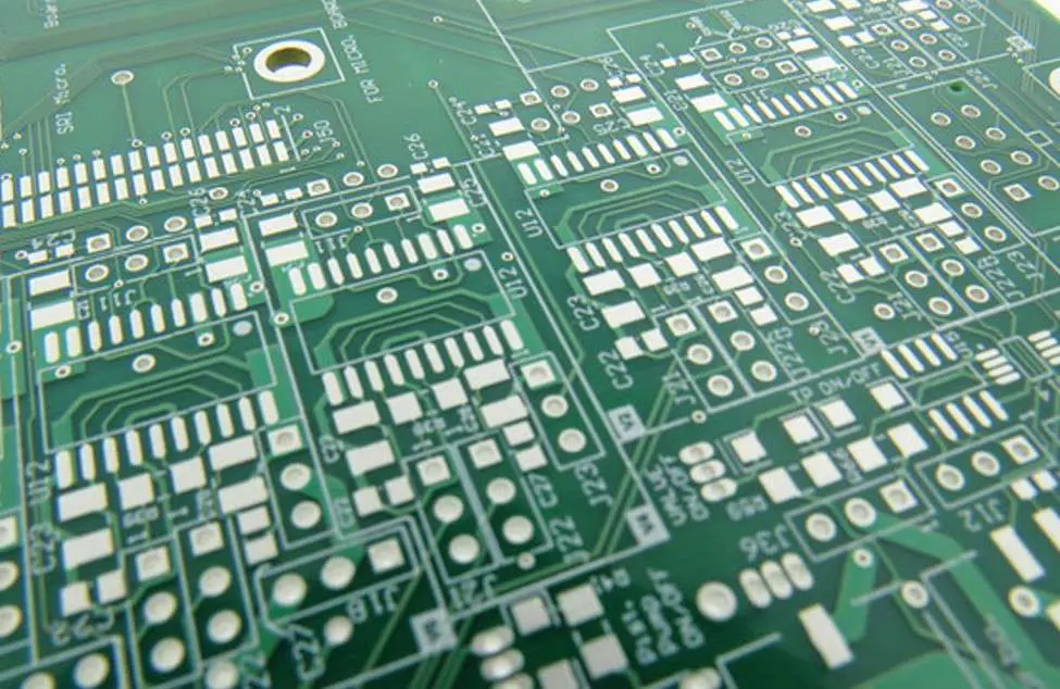 Close-up of PCB with immersion tin surface finish for soldering.