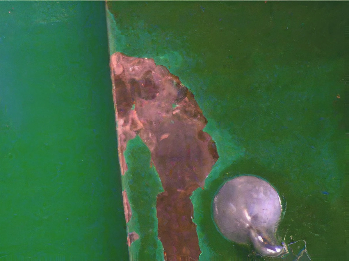 Examples of solder mask defects on a PCB, including misalignment and peeling.