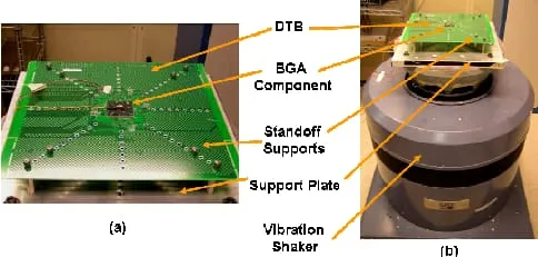Military-grade circuit board undergoing vibration testing for leaded assembly reliability