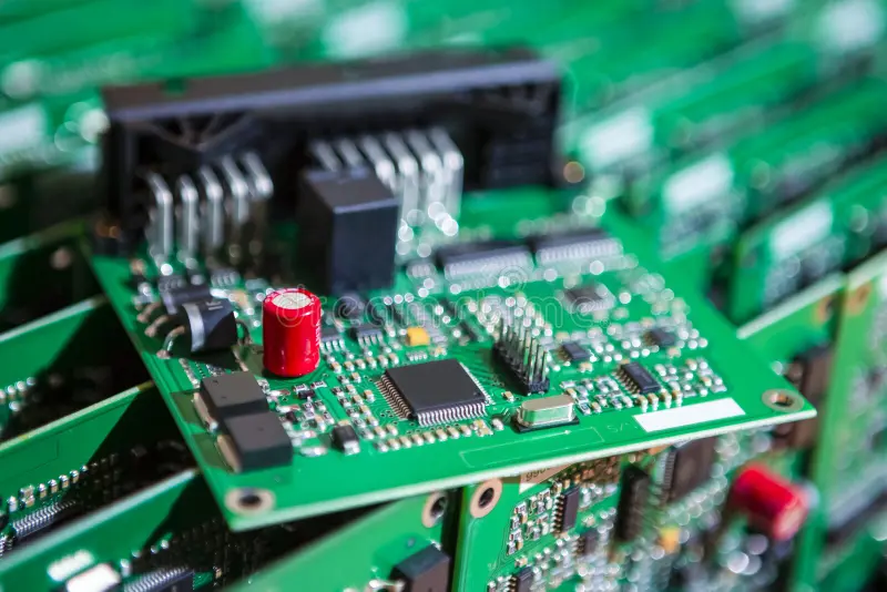 Close-up of microelectronics assembly components on a circuit board