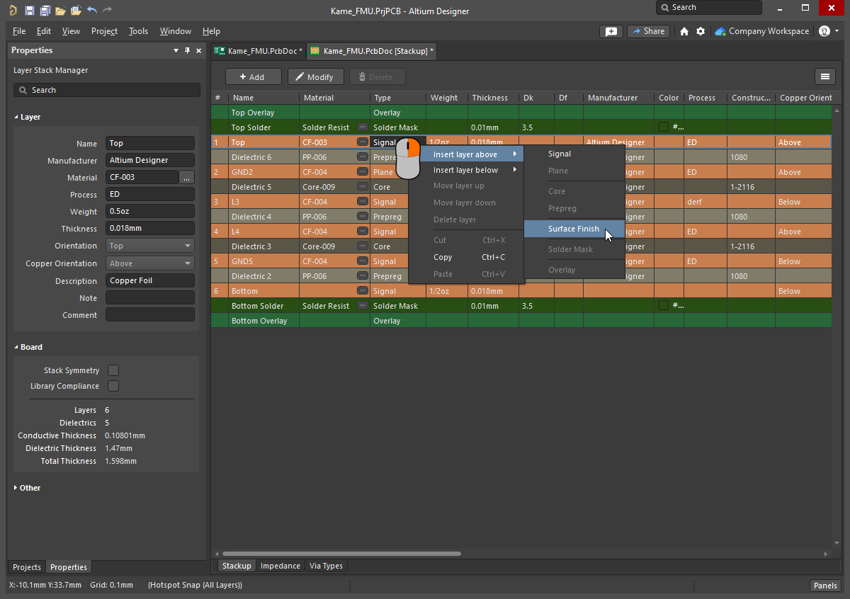 Altium Designer 6-layer PCB stackup configuration in Layer Stack Manager.
