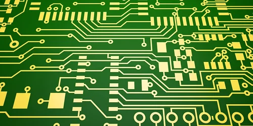Single-layer PCB design layout with trace routing and component placement.