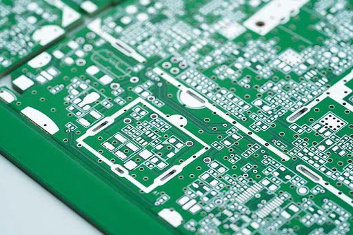 Close-up of a PCB with lead-free HASL surface finish for RoHS compliance.