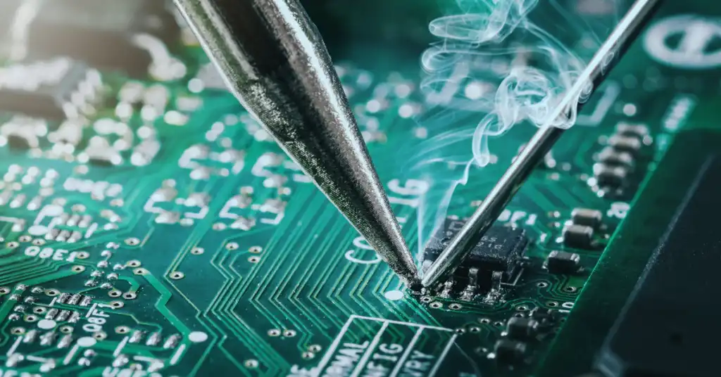 Close-up of a properly soldered joint on a circuit board.