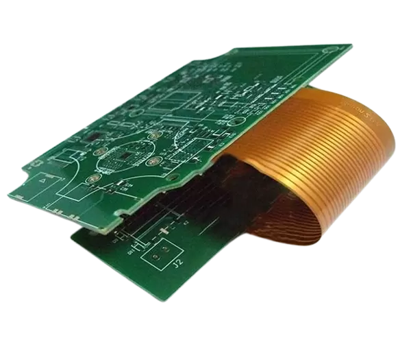 A rigid-flex PCB showing rigid and flexible layers.