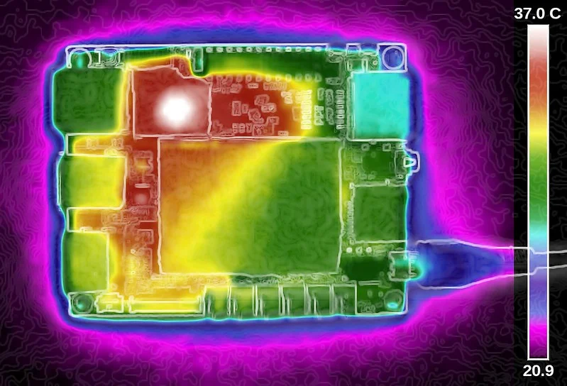 Thermal imaging of a PCB showing hot spots and cooler areas for heat analysis