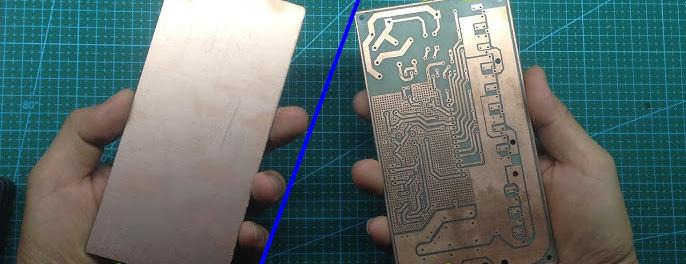 Before and after comparison of a copper-clad PCB during the etching process.