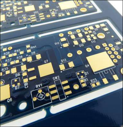 Blue solder mask on a printed circuit board showcasing clear contrast with copper traces.