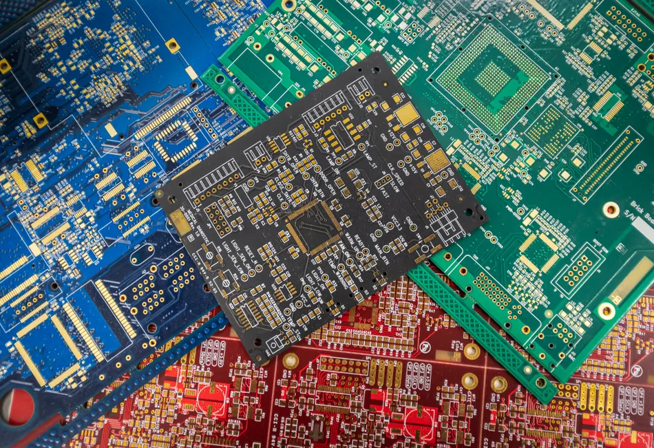Comparison of blue, green, and black solder masks on PCBs for visibility and contrast.