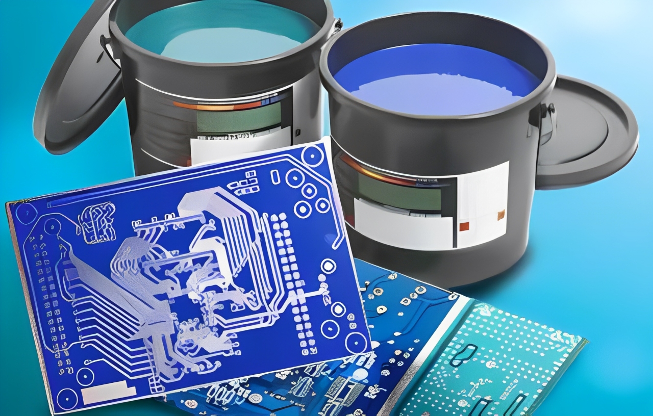 Blue solder mask application process on a PCB during manufacturing.