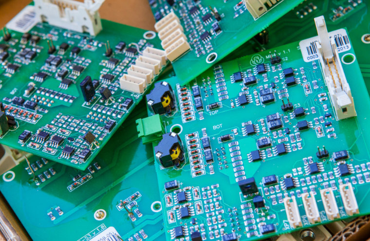 PCB assembly with mixed technologies showing SMT and thru-hole components