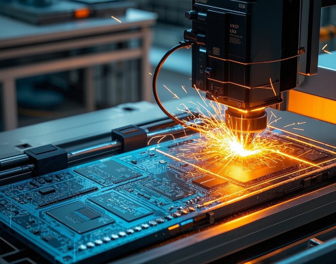 Laser drilling machine creating microvias on an HDI PCB