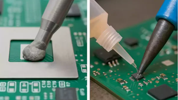 Solder paste applied to PCB pads for hand soldering