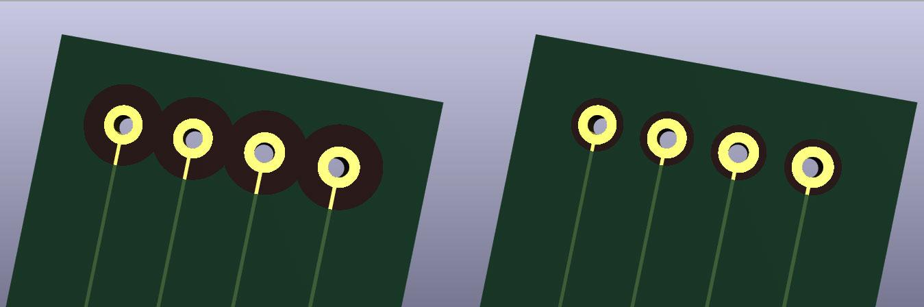 Comparison of correct and incorrect solder mask clearance on PCB pads