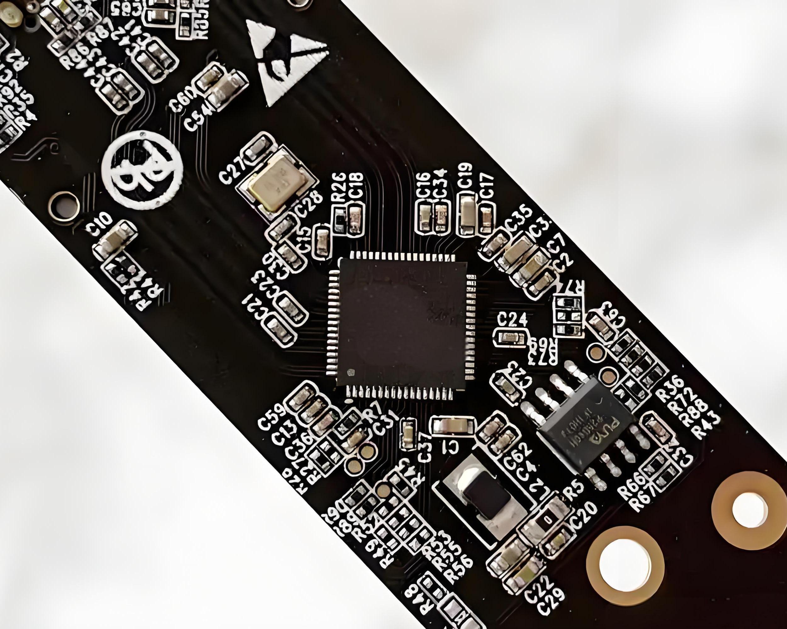 High contrast solder mask with white silkscreen on black PCB.