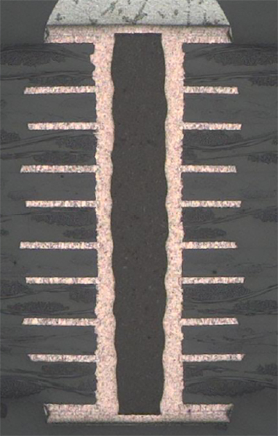 Cross-section of a PCB showing filled vias for electrical connectivity.