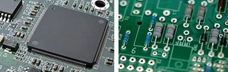 Comparison of plated through hole and surface mount components on a PCB.